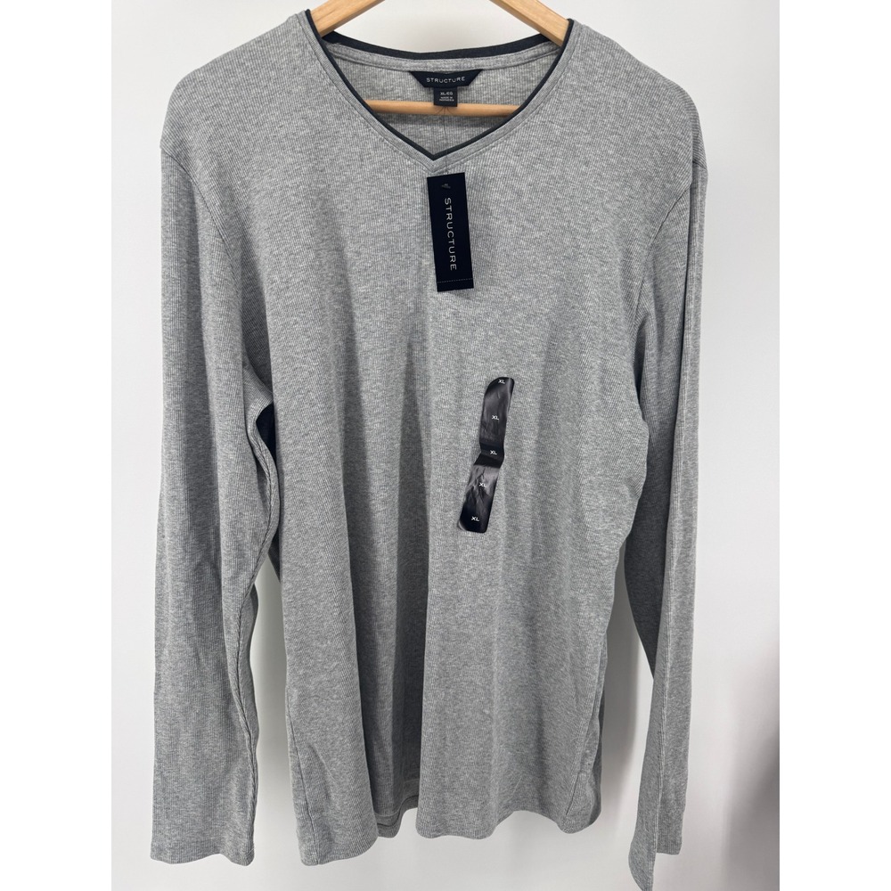 Structure Rib Knit V Neck Long Sleeve Shirt Mens XL‎ Gray NWT Casual Sweater Tee
